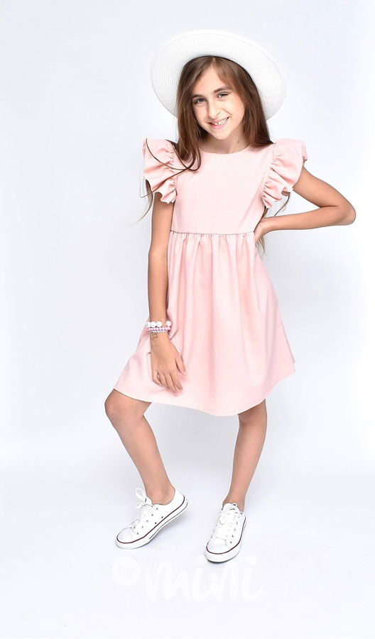 Pudder pink šaty s řasenými rukávy