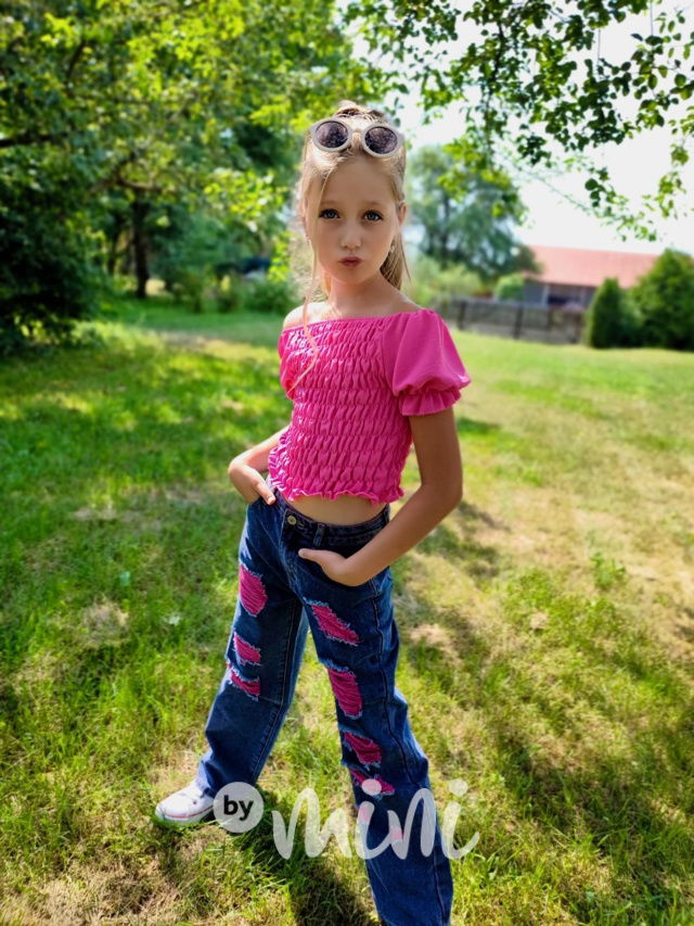 Volné dívčí džíny podšité růžovou 