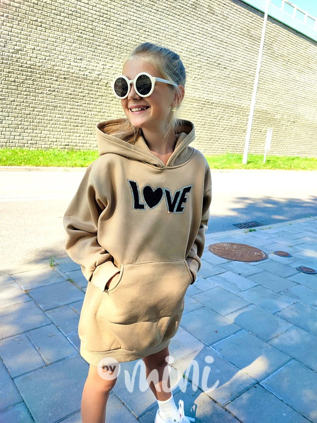 LOVE flísové mikinové hoodie šaty béžové