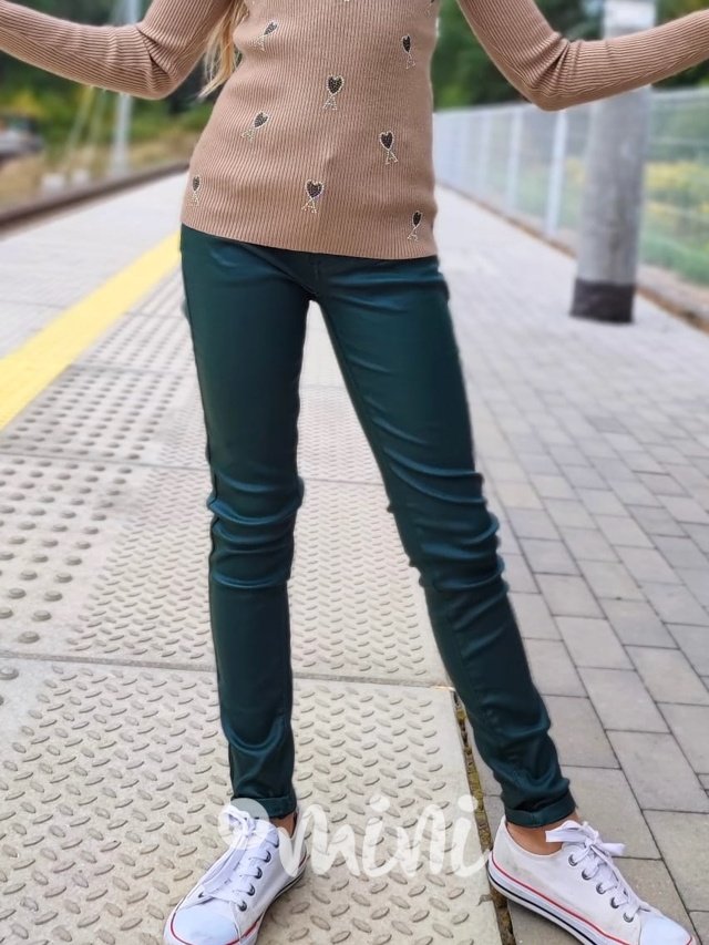 PREMIUM stretch kalhoty v liquid leather designu smaragd