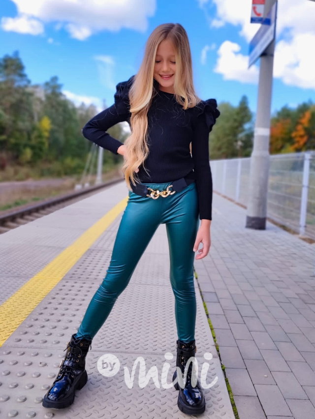 Eco leather thermo jegginy s páskem smaragd