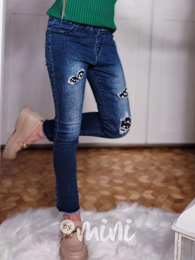 Lehce oteplené jeans jegginy zdobené perličkami