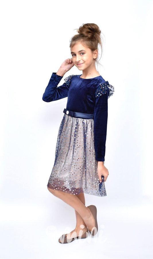 Velur sváteční šaty s hvězdičkami modré