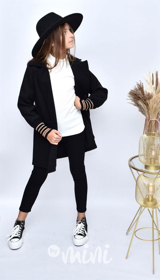 Flaušový kabát s dlouhými náplety černý