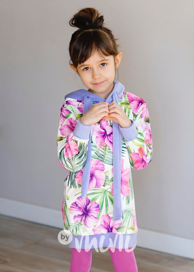 Soft velurová hoodie tunika flowers lila