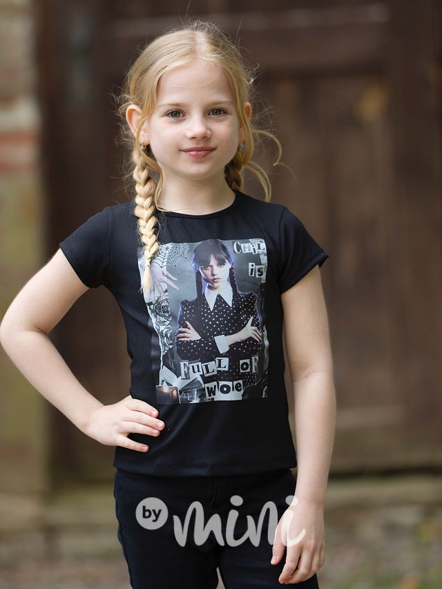 Wednesday žebrované triko words černé