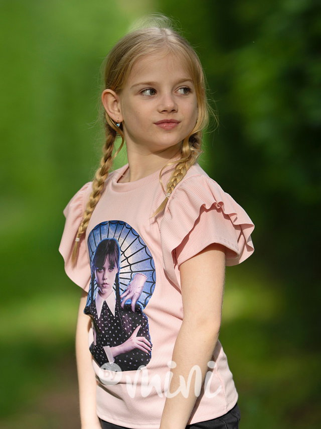 Wednesday žebrované triko s řasením růžové