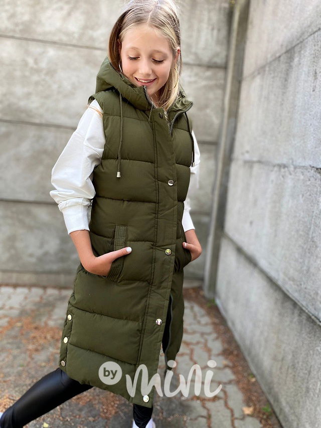 Long khaki vesta s kožíškem uvnitř