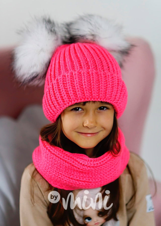 Pletená beanie čepice pompons + nákrčník pink