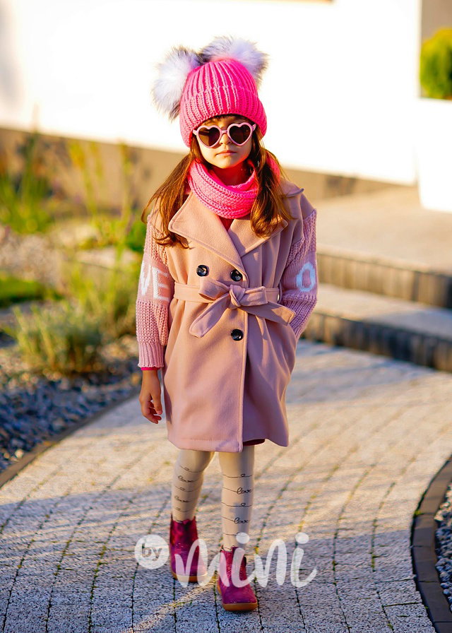 Pletená beanie čepice pompons + nákrčník pink