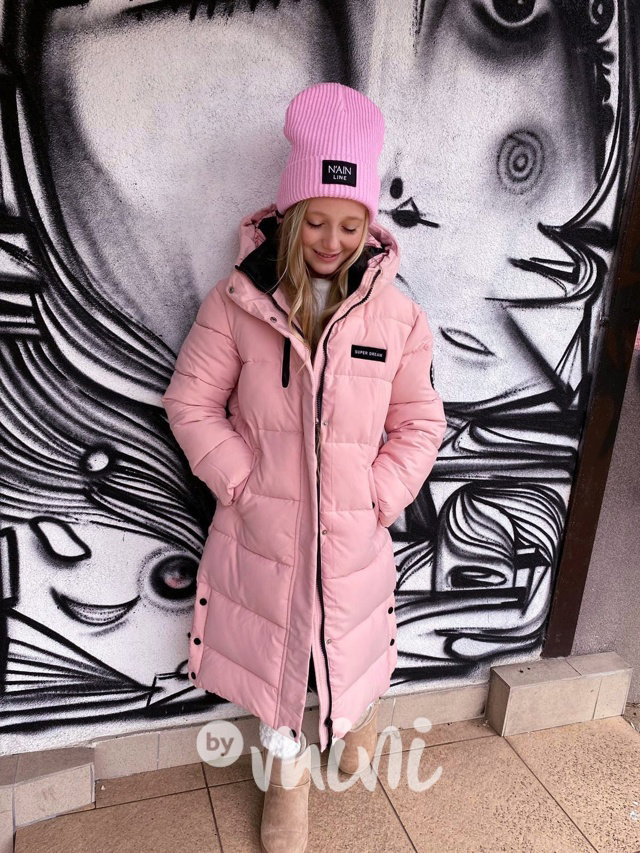 Ultra dlouhý zimní kabát růžový