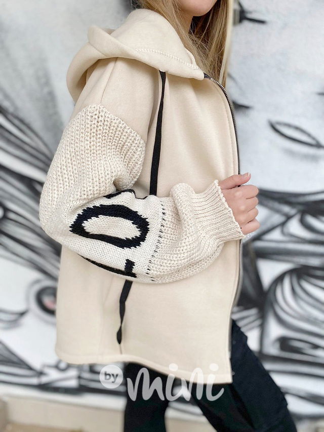 LOVE teplá mikina se svetrovými rukávy béžová