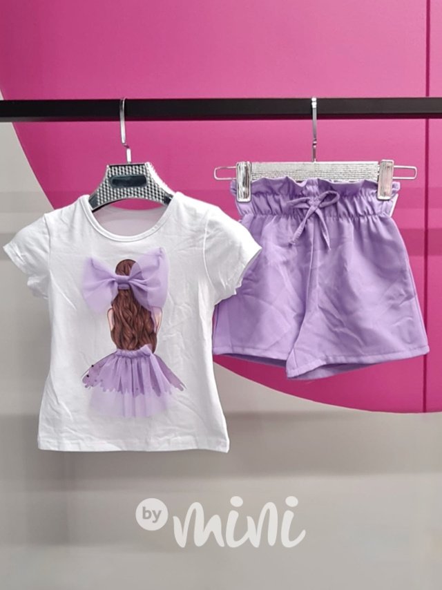 Šortky + triko s mašlí lila