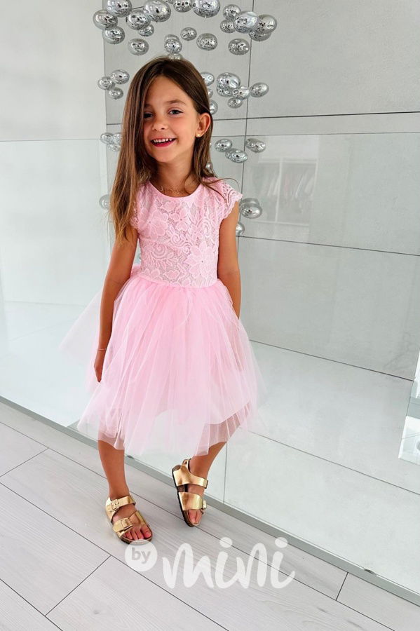 Summer princess krajkové šaty s maxi tylovou sukní růžové