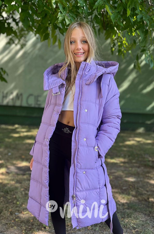 Zimní dlouhý kabát s páskem lila