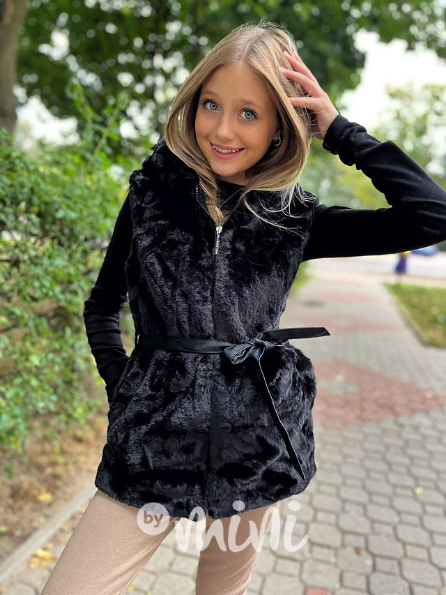 Chlupatá hoodie vesta s páskem black