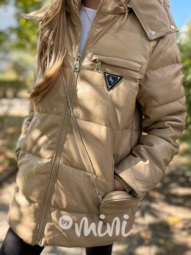 Eco leather zimní bunda s kabelkou béžová