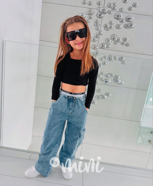 Široké denim kapsáče s elastickým pasem