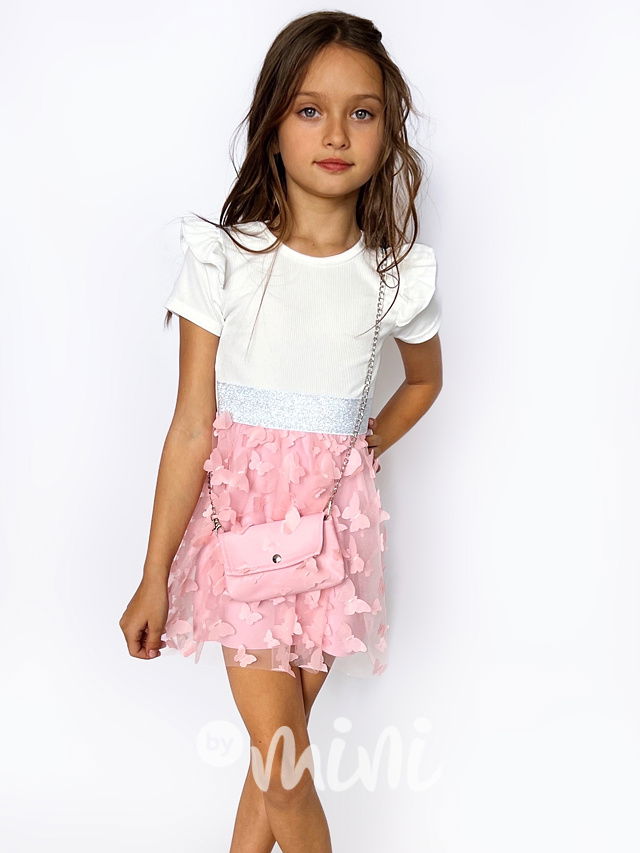 Pink/White  BUTTERFLY šaty s kabelkou