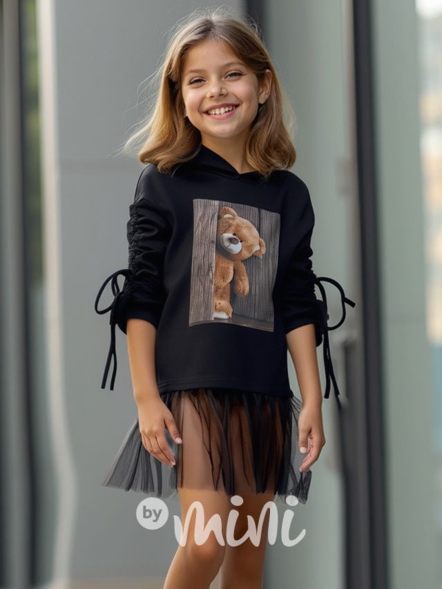 Teddy mikinová hoodie tunika s tylem černá