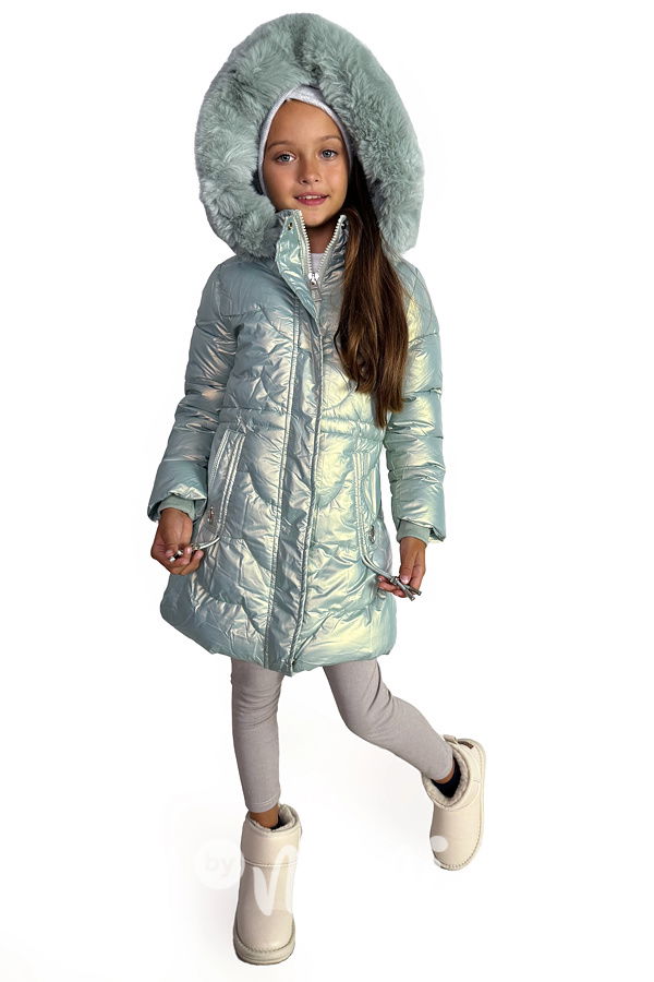 Metalický zimní kabát s kožíškem mint