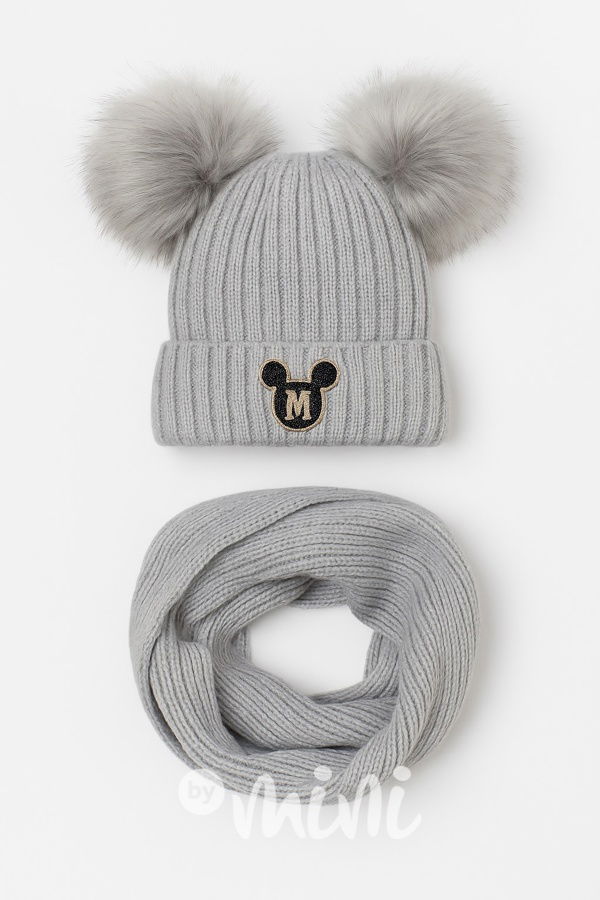 Zimní kulich s pompony + nákrčník GREY