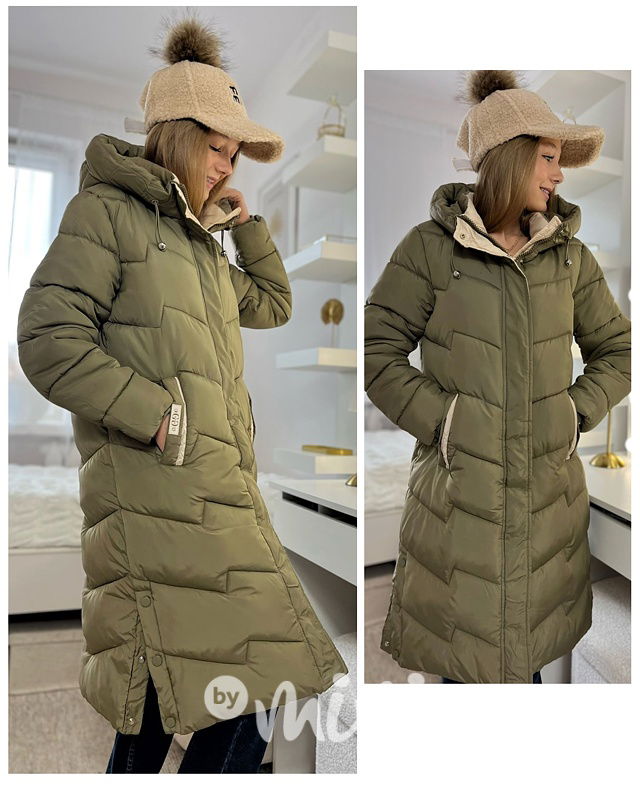Ultra dlouhý zimní kabát khaki