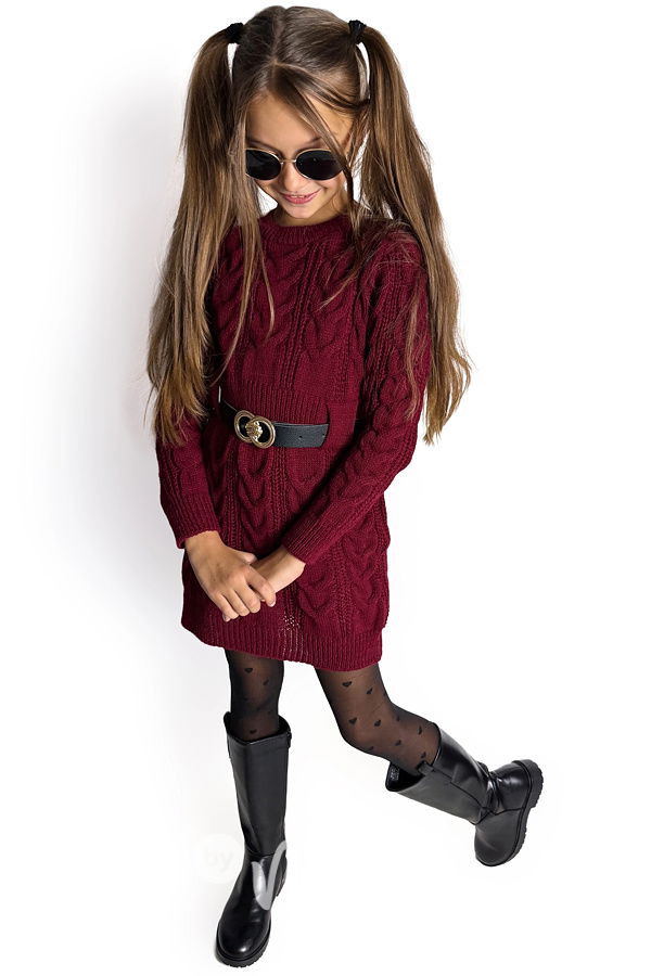 Svetrové šaty s páskem bordo