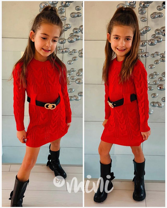 Svetrové šaty s páskem červené