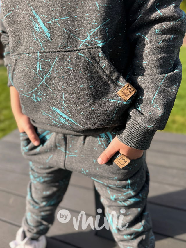 Zateplené šedé tepláky tyrkys splash