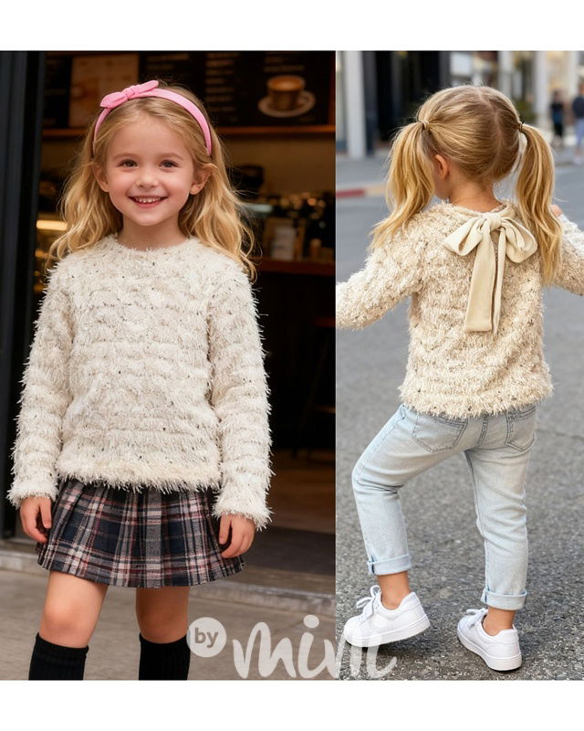 Chlupatý svetřík s flitry a mašlí cream