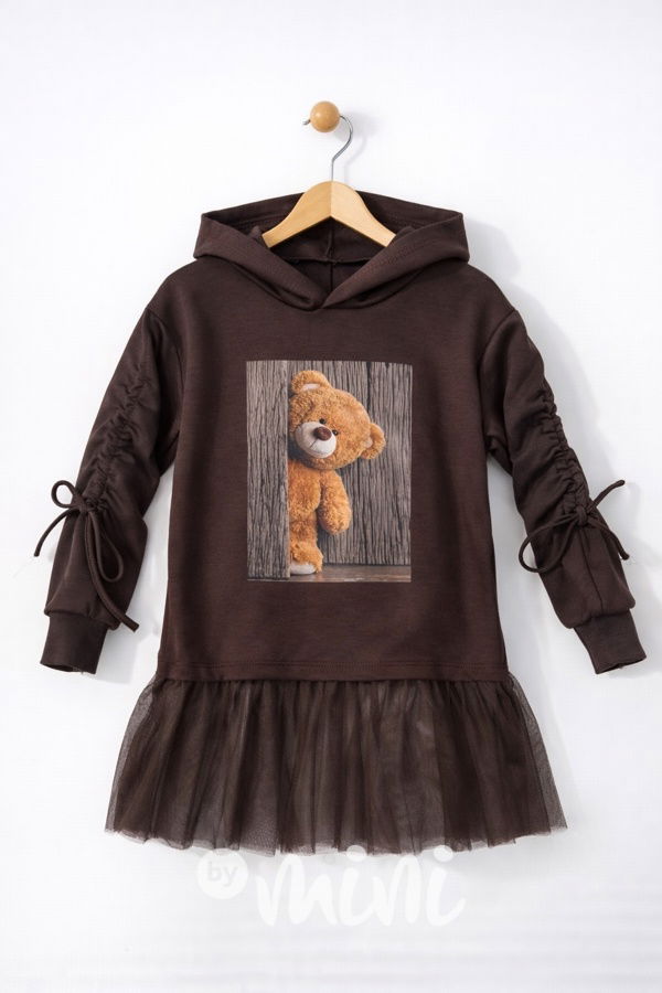 Teddy mikinová hoodie tunika s tylem hnědá