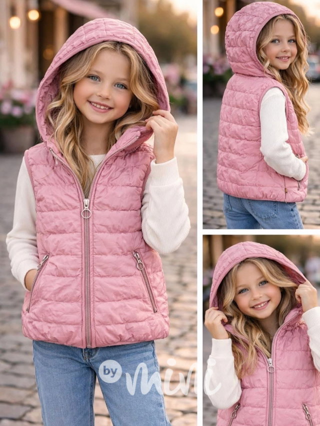 Jarní růžová vesta s kapucí