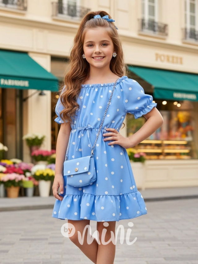 Letní puntíkaté šaty s kabelkou modré