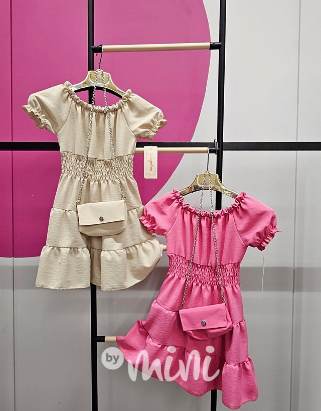 Letní vzdušné šaty s kabelkou dark pink