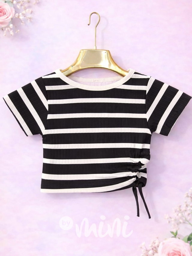 Pruhované crop triko na stahování black/white