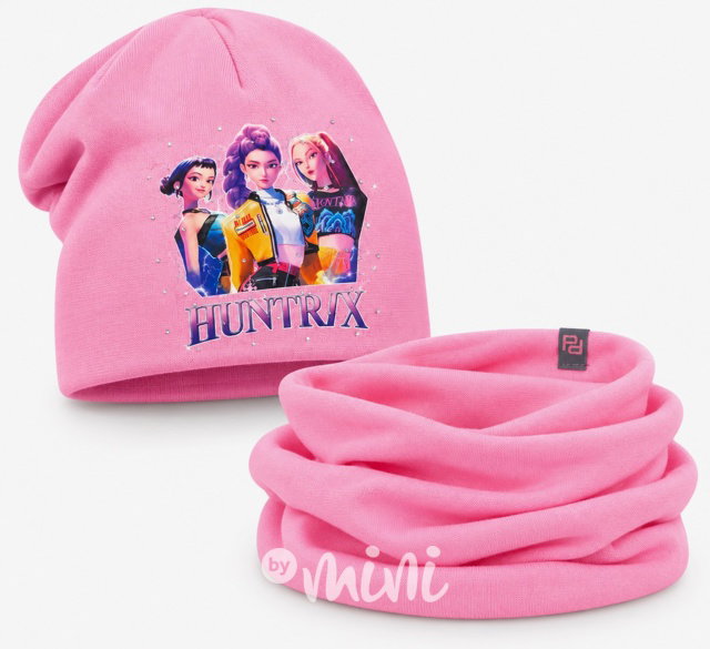 Huntrix čepice s kamínky + nákrčník barbie pink