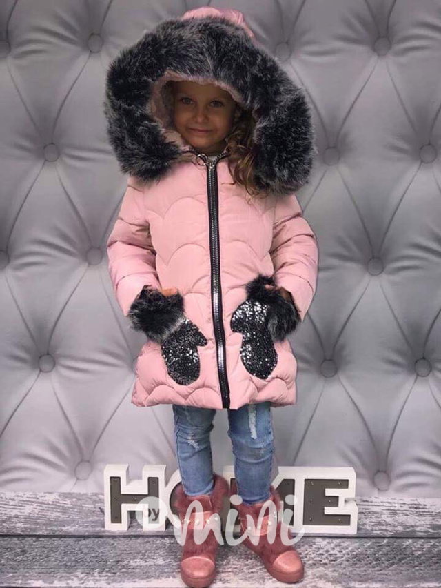 Růžový zimní kabátek s flitry a šedým chlupem