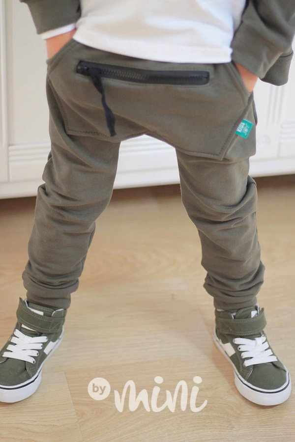 Khaki vyteplené baggy tepláčky se zipem