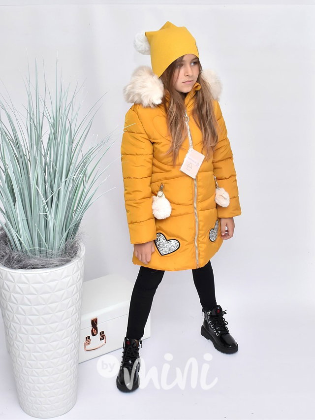 Mustard dívčí zimní kabátek Heart s cream chlupem