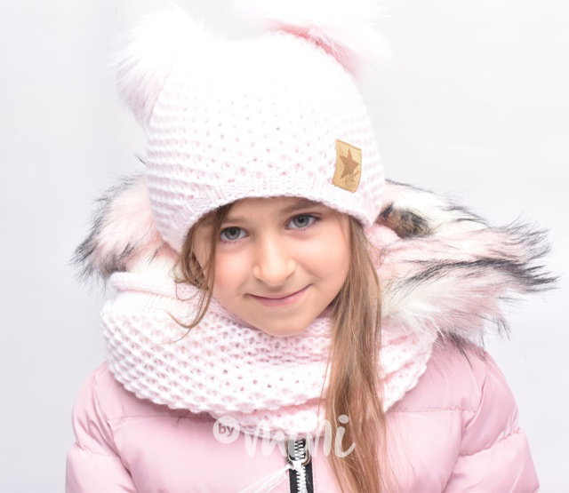 Pompon duo dívčí čepka s nákrčníkem - baby pink