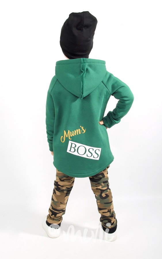 Mum's boss - podzimní dlouhá chlapecká mikina zelené s kapucí