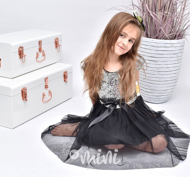 Flitrové dětské šaty s tylovou sukní - silver