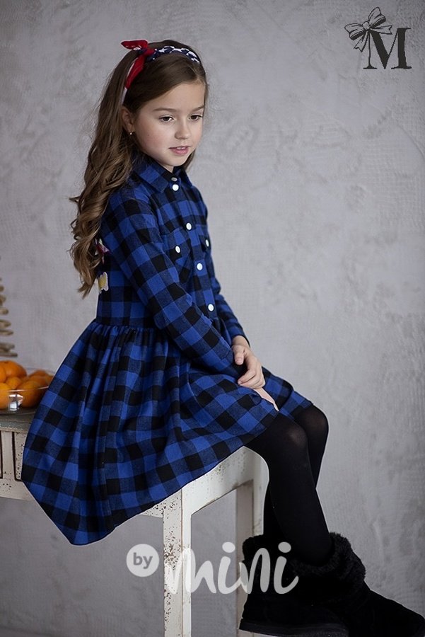 Blue karo asymetrické dívčí šaty