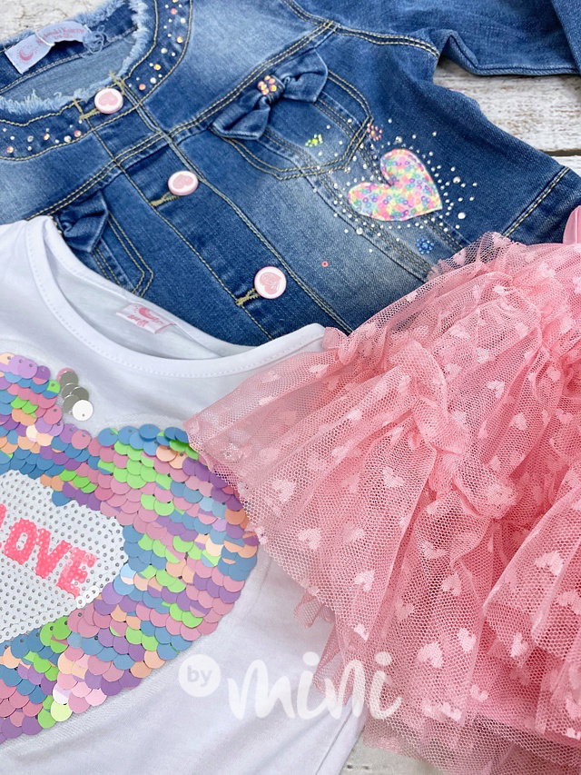 Jeans trojkomplet - srdíčková tutu sukýnka růžová