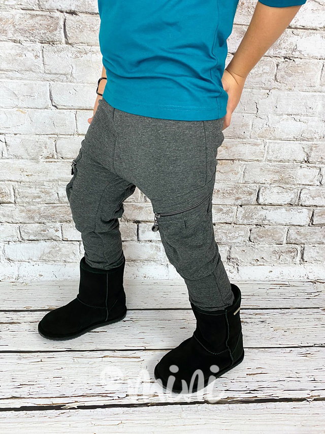 Zateplené baggy tepláky s kapsami a zipy - šedý melír