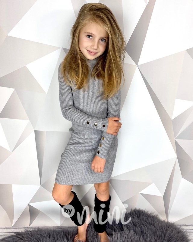 Dívčí svetříkové stretch žebrované šaty se cvočky - šedé