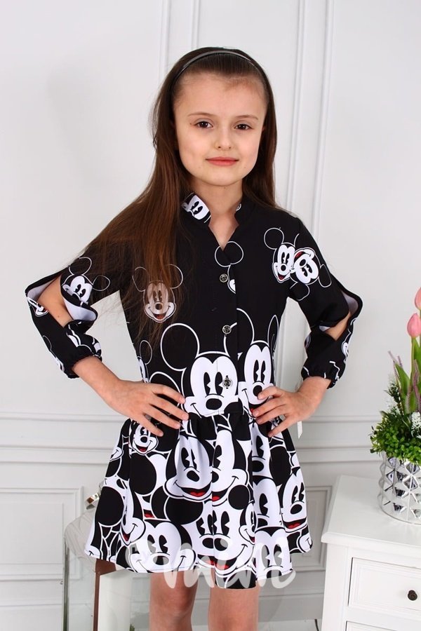 Dětské dívčí košilové šaty s Mickey  černé s dlouhým rukávem