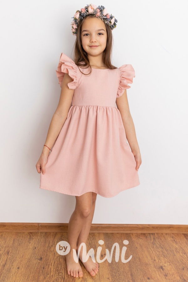 Pudder pink šaty s řasenými rukávy