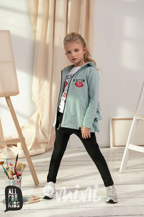 Dětská mátová mikina s volánky a kapucí 